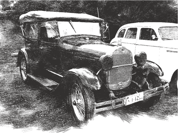 vintage car pen-and-ink
